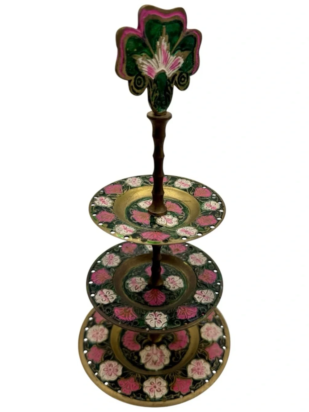 Vintage, floral-patterned brass and enamel 3-tier tray stand
